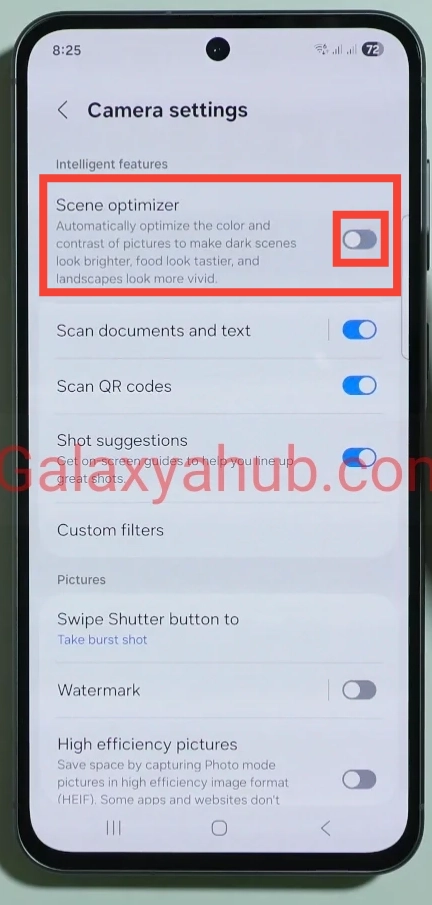 Samsung Galaxy A56 scene optimizer turned off in camera settings