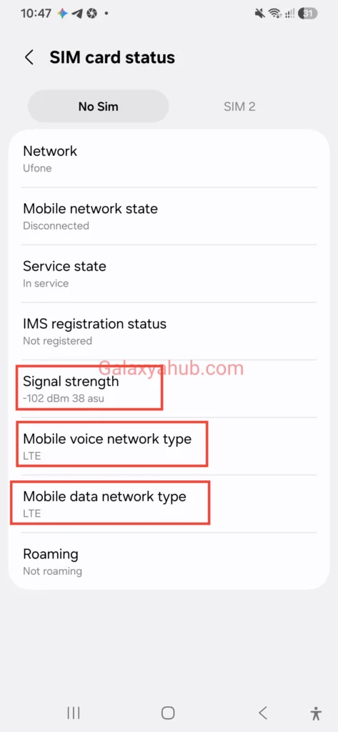 Checking signal strength and mobile network type on Samsung Galaxy A56