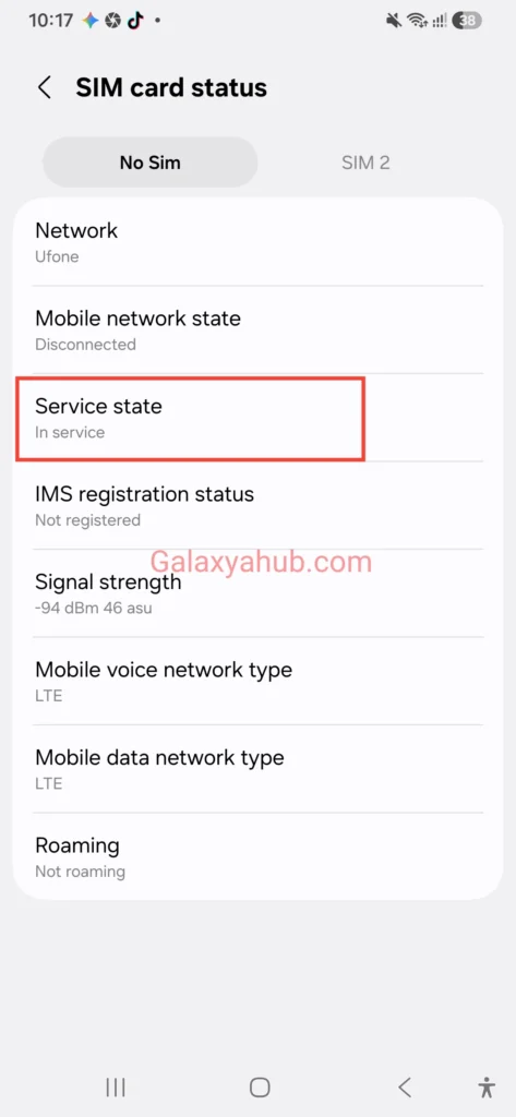 Checking SIM card service state status on Samsung Galaxy A56 network