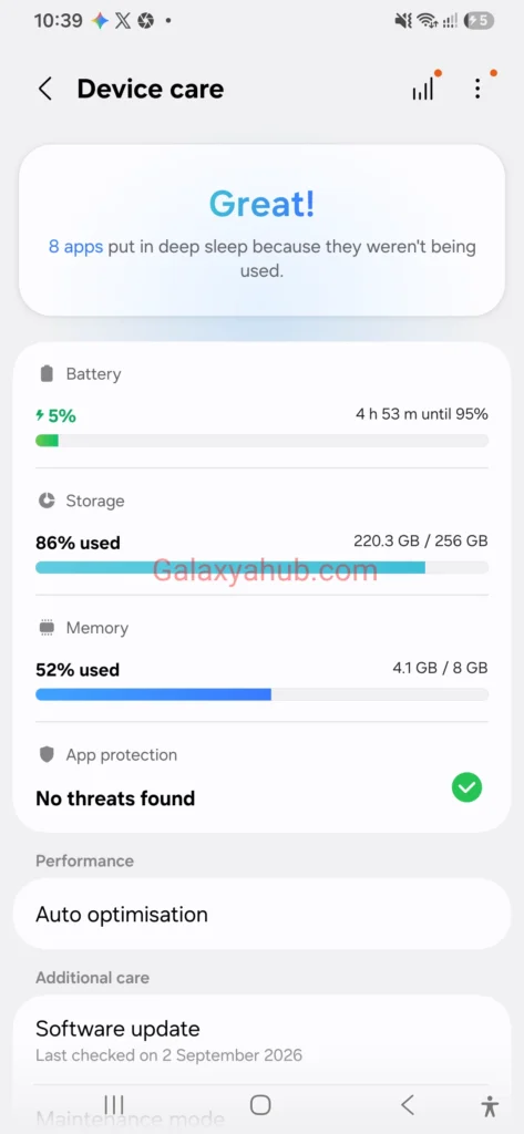 Samsung Galaxy A56 device care storage and memory check