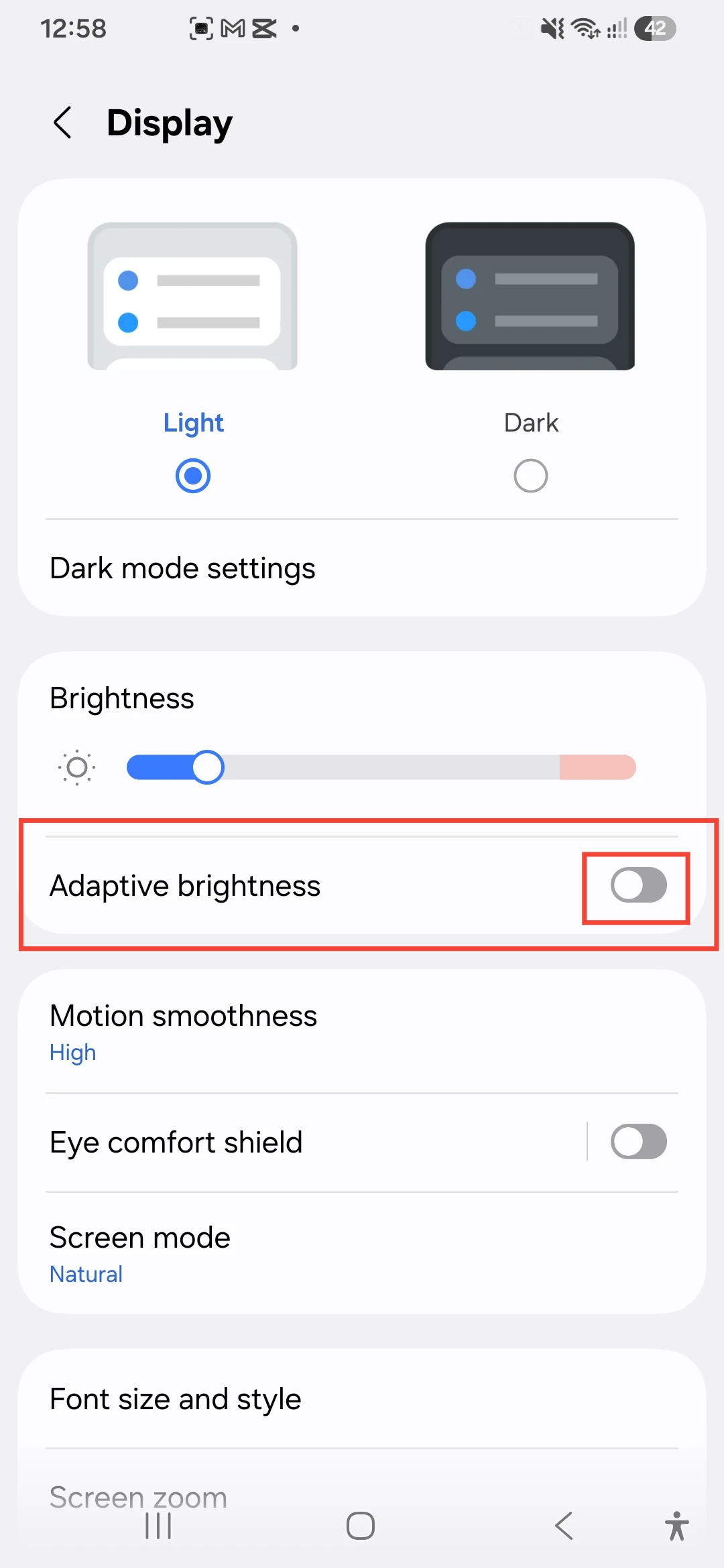 Turn off Adaptive brightness to fix Samsung Galaxy A56 screen flickering