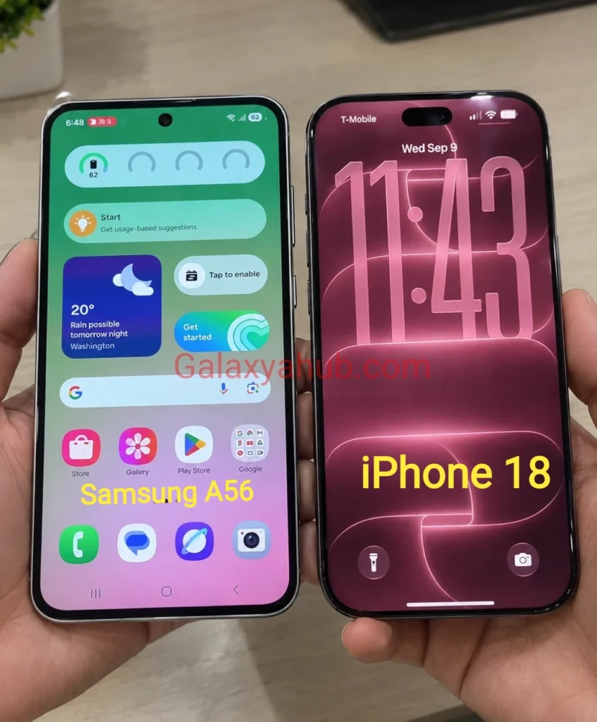 Samsung Galaxy A56 vs iPhone 18 Pro hands on design and front display comparison