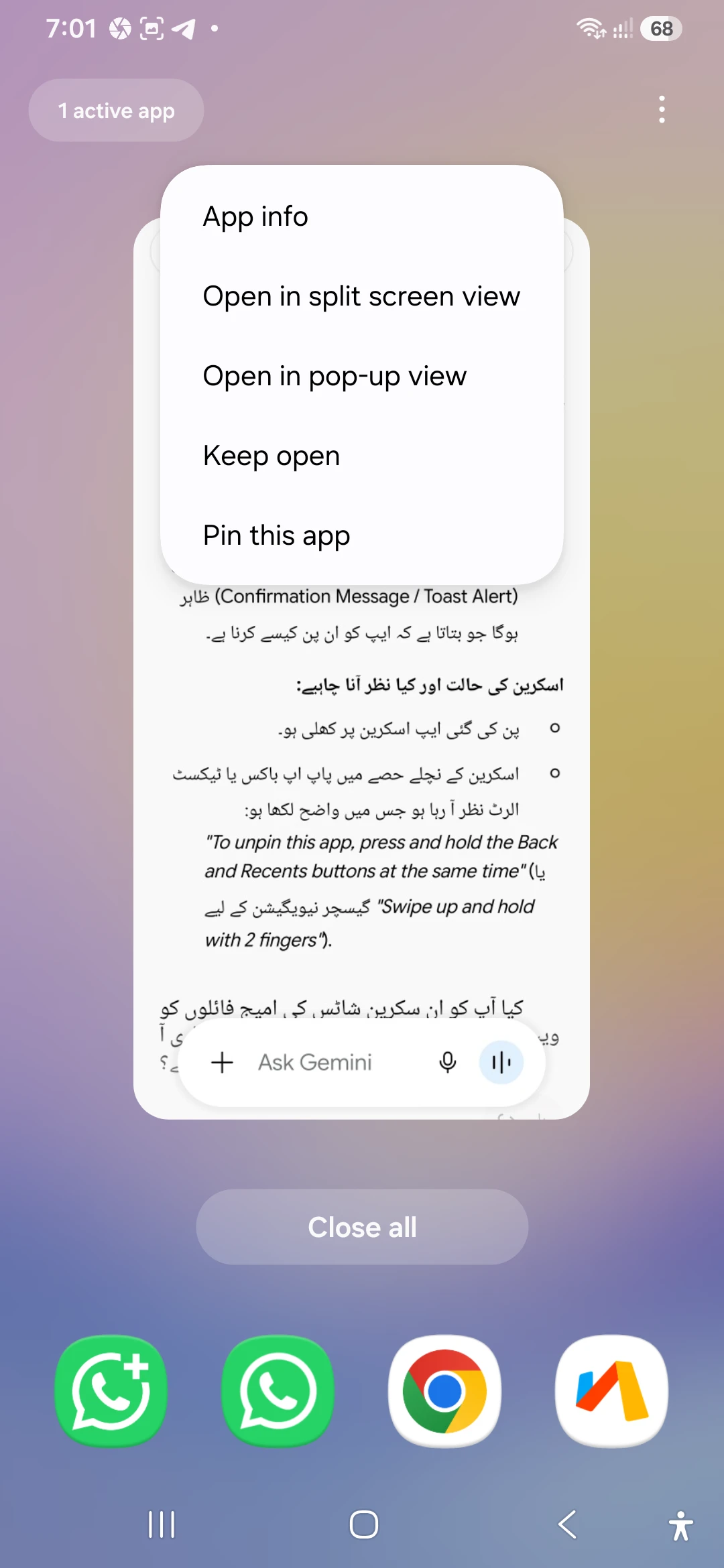 Tapping app icon in Recents screen to select Pin this app