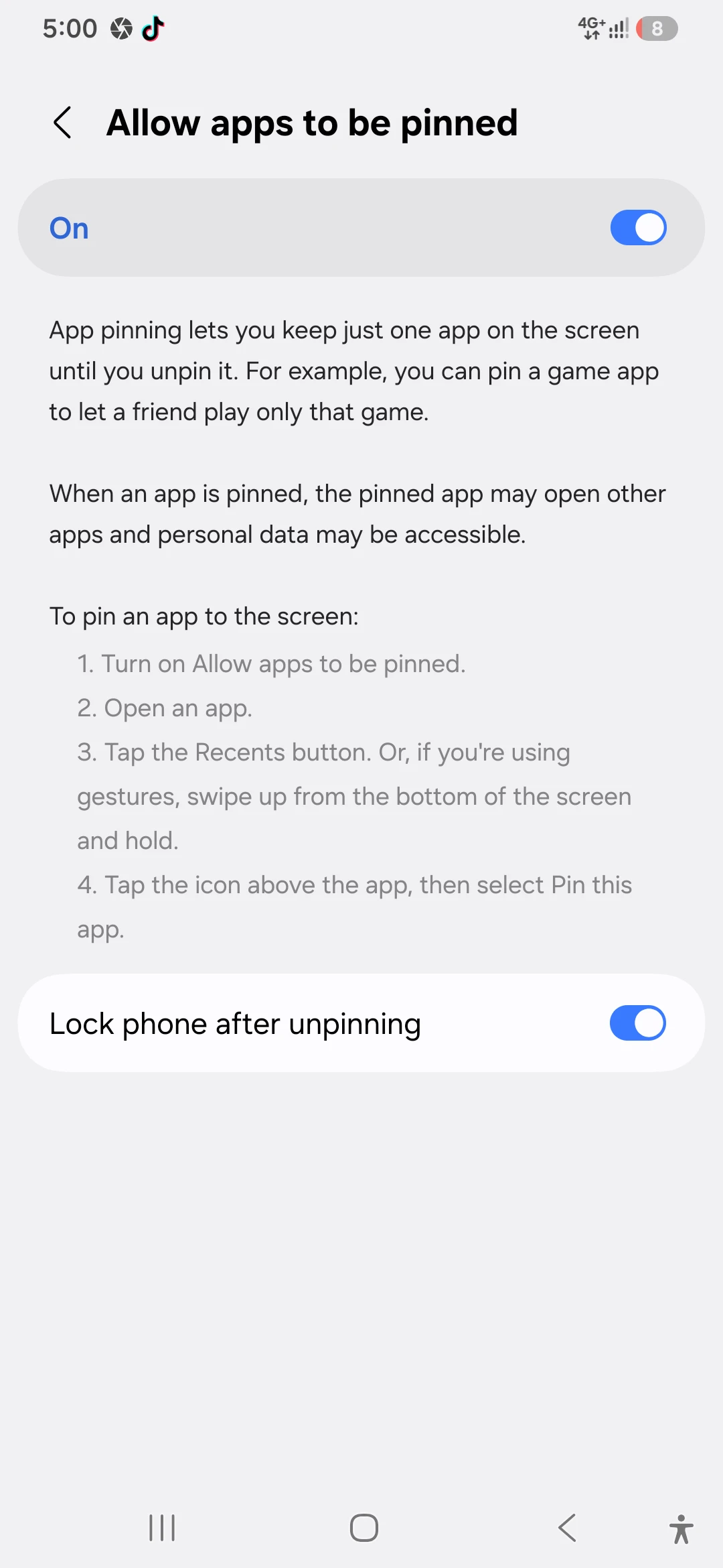 Enabling Pin Windows in Samsung Settings menu