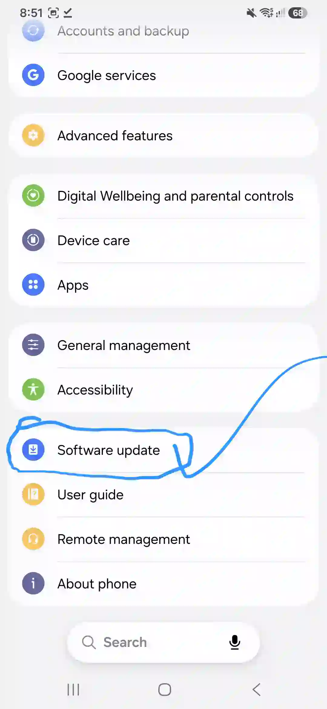 Galaxy A56 software update menu with lock icon highlighted.
