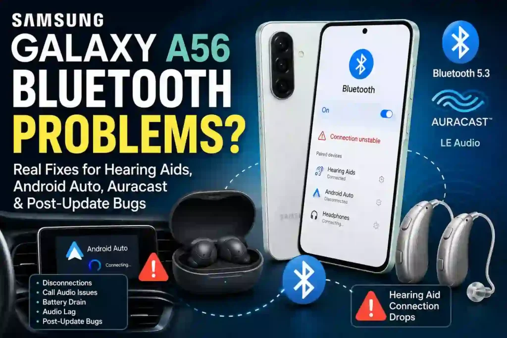 Samsung Galaxy A56 Bluetooth problems showing hearing aid connectivity issues, Android Auto disconnects, Auracast setup and post-update Bluetooth fixes.