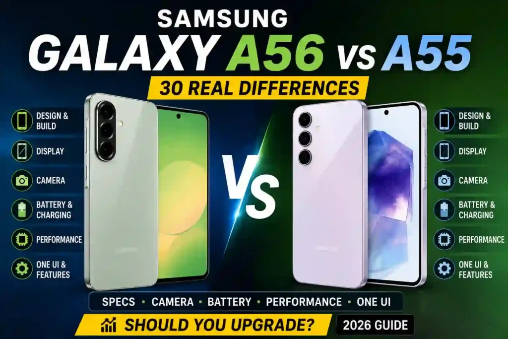 Samsung Galaxy A56 vs A55 comparison showing design, camera, battery, and performance differences